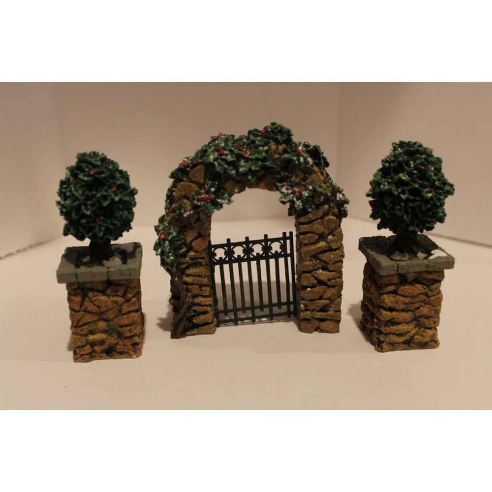 Dept 56 Village Accessories - Stone Corner Posts with Holly Tree and Stone Archw